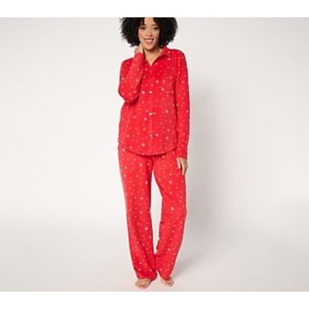 Cuddl Duds Womens Red Star Print Fleece Pajama Set Button Down Top Pants 2PC